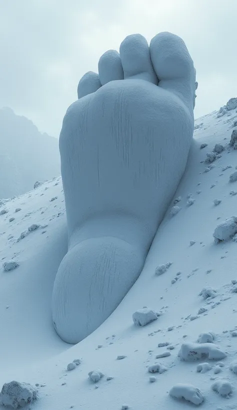 a giant footprint in the snow, highly detailed, hyperrealistic, 8k, detailed textures, crisp details, realistic snow, dramatic lighting, moody atmosphere, cinematic composition, epic scale, photorealistic, intricate details, dramatic shadows, dramatic ligh...