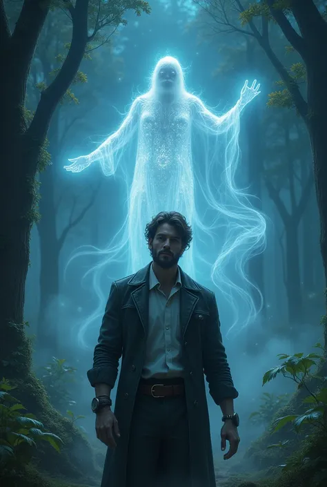 A realistic waist-up portrait of a man facing directly forward, speaking about spirits in an enchanted forest. His expression is calm and focused, as if communicating with unseen forces. Behind him, ghostly, translucent spirits float gracefully, their form...