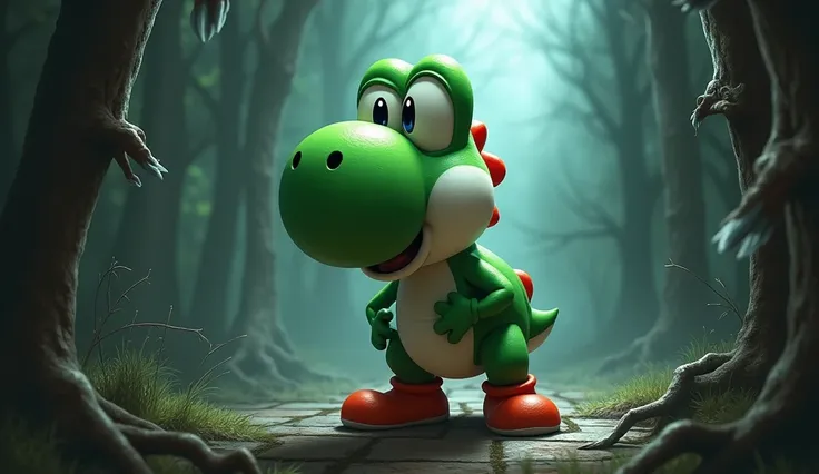 Cute drawing of Yoshi with a scared expression in a horror scene from DEAD BY DAYLIGHT, sign with written text: highlights Games Sid 