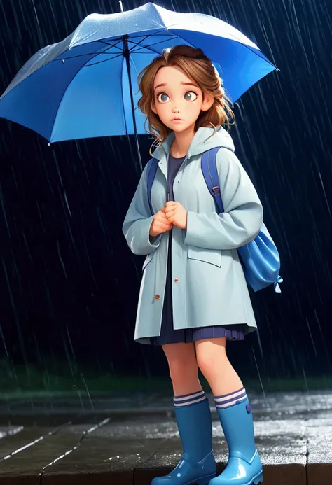 A ghost girl who controls the weather with eyes with only pupils like cats, straight light brown hair half tied up, wearing a raincoat, a simple school outfit and rain boots and a simple umbrella.,your white skin color, the shape of your eyes are quite lar...