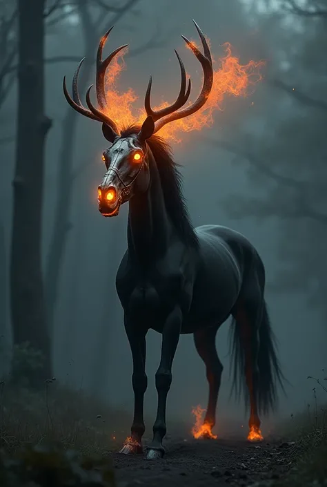 a black horse with a deer skull on fire instead of where the horses head should be, blazing deer skull, dark gothic, eerie, mysterious, ominous, dramatic lighting, moody atmosphere, highly detailed, photorealistic, 8k, (best quality:1.4), (extremely detail...