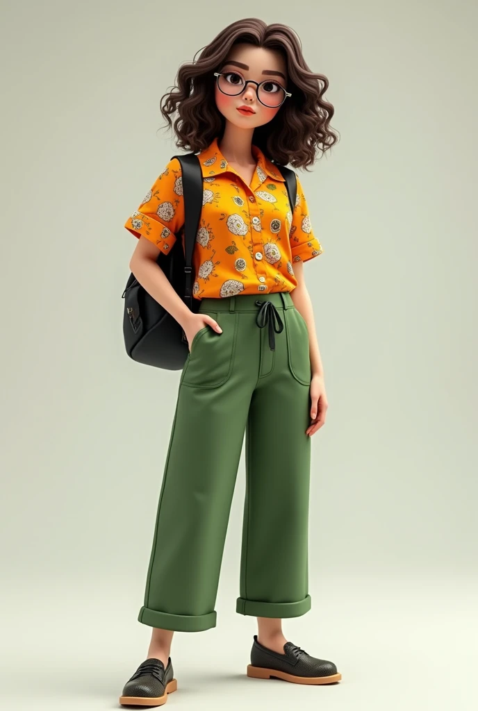 Create a Medium High Curly Brunette Hairdo, with a zinsa shirt, green pants with zinsa shoes, a black backpack and glasses
