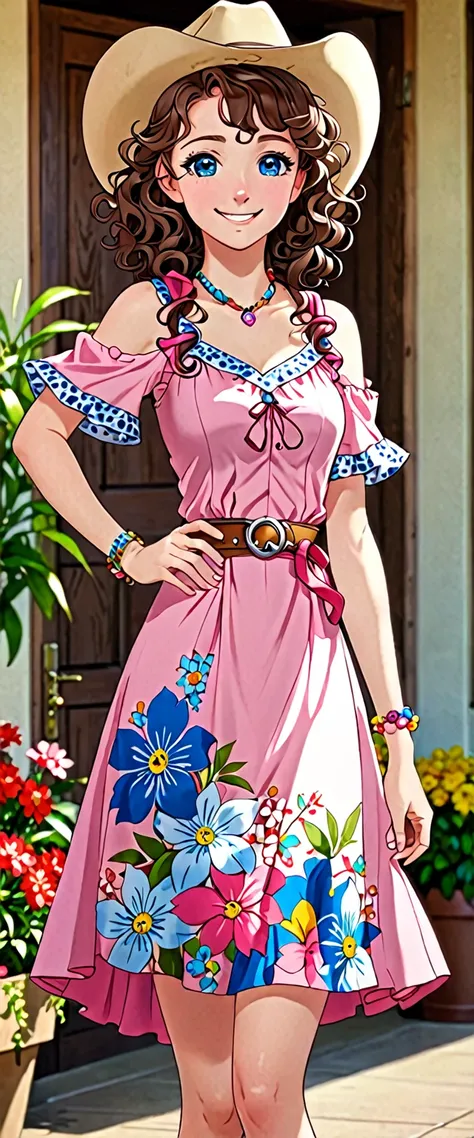 score 9, score 8 up, score 7 up, 1girl, brown hair, blue eyes, smiling, curly hair, big forehead, pink dress, floral print, Masterpece, looking at the viewers, cowboy shot, ,looking at veiewers, Best Quality, Bracelet, squard neck, standing, full body, ani...