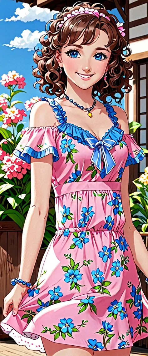 score 9, score 8 up, score 7 up, 1girl, brown hair, blue eyes, smiling, curly hair, big forehead, pink dress, floral print, Masterpece, looking at the viewers, cowboy shot, ,looking at veiewers, Best Quality, Bracelet, squard neck, standing, full body, ani...