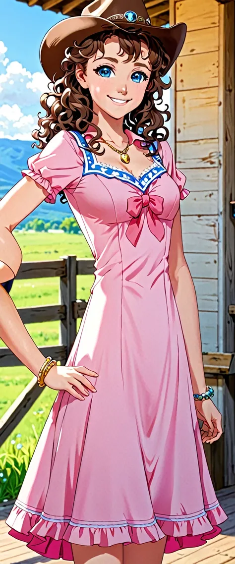 score 9, score 8 up, score 7 up, 1girl, brown hair, blue eyes, smiling, curly hair, big forehead, pink dress, Masterpece, looking at the viewers, cowboy shot, ,looking at veiewers, Best Quality, Bracelet, squard neck, standing, full body, anime style