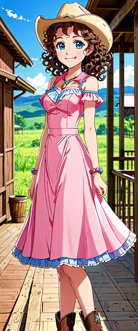 score 9, score 8 up, score 7 up, 1girl, brown hair, blue eyes, smiling, curly hair, big forehead, pink dress, Masterpece, looking at the viewers, cowboy shot, ,looking at veiewers, Best Quality, Bracelet, squard neck, standing, full body, anime style