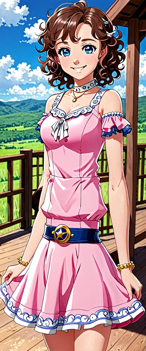 score 9, score 8 up, score 7 up, 1girl, brown hair, blue eyes, smiling, curly hair, big forehead, pink dress, Masterpece, looking at the viewers, cowboy shot, ,looking at veiewers, Best Quality, Bracelet, squard neck, standing, full body, anime style