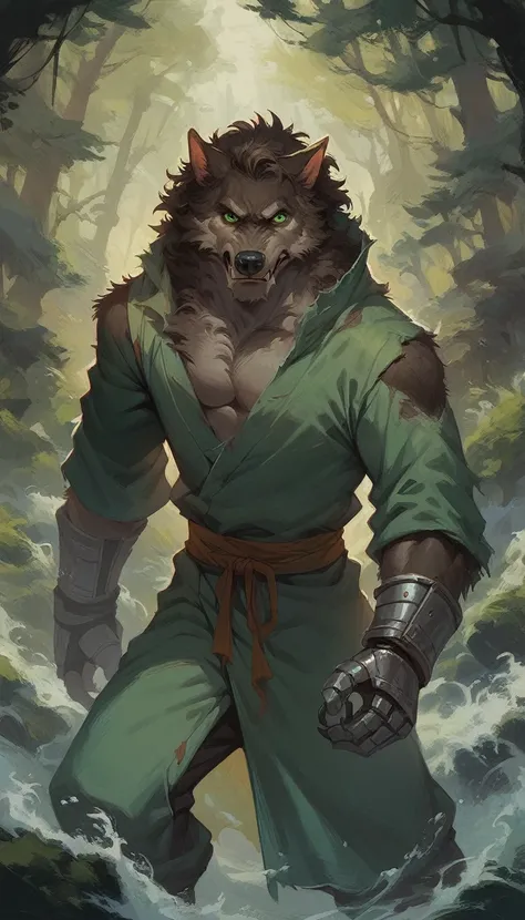 score_9, score_8_up, score_7_up, score_6_up, 1man, brown hair, green eyes, messy waves hairstyle, monk, green robe, gauntlets, fur-trimm, werewolf, forest