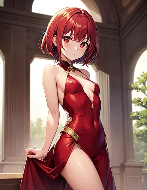 1 girl, short red hair, small boobs, red eyes, Red dress, petite