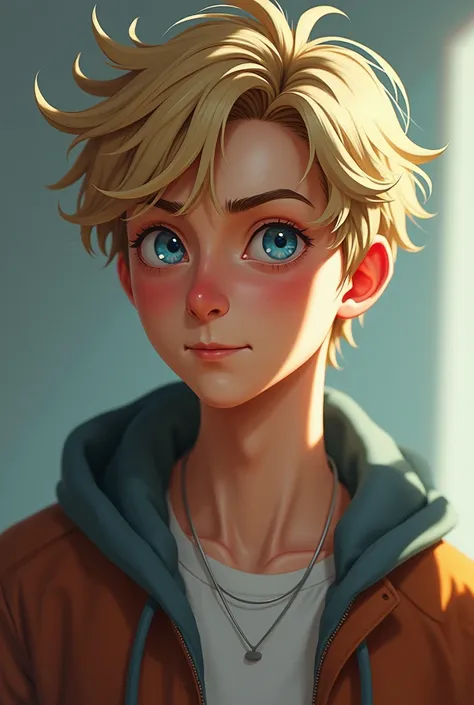 (Lucas has , with messy blonde hair and blue eyes that convey a mix of bravery and vulnerability. He is tall and slender, often seen wearing band t-shirts and ripped jeans. His posture is a little tense, as if he were always preparing for something.
