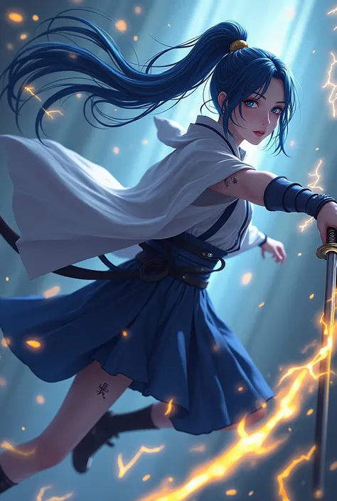 Hair Color: Aoi’s hair is a deep navy blue, streaked with lighter shades of silver at the tips, giving the appearance of storm clouds tinged with lightning. Her hair is long and often kept in a high ponytail, allowing it to flow freely during combat, mimic...