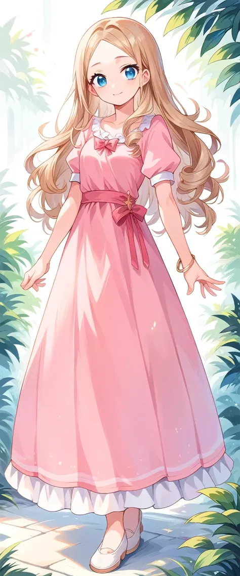 score 9, score 8 up, score 7 up, 1girl, light brown hair, blue eyes, smiling, long curly hair, big forehead, pink dress, Masterpece, looking at the viewers,  ,looking at veiewers, Best Quality, Bracelet, squard neck, standing, full body, anime style