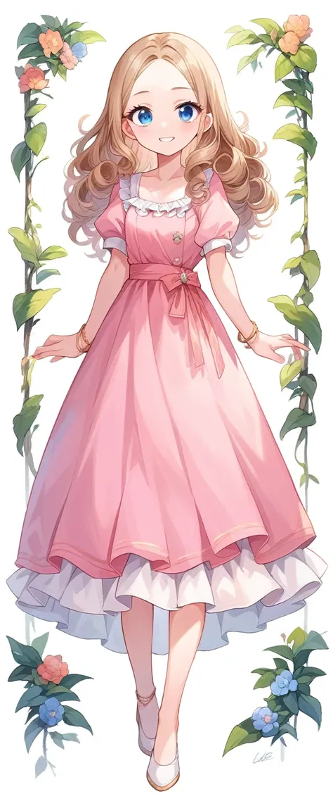 score 9, score 8 up, score 7 up, 1girl, light brown hair, blue eyes, smiling, long curly hair, big forehead, pink dress, Masterpece, looking at the viewers,  ,looking at veiewers, Best Quality, Bracelet, squard neck, standing, full body, anime style