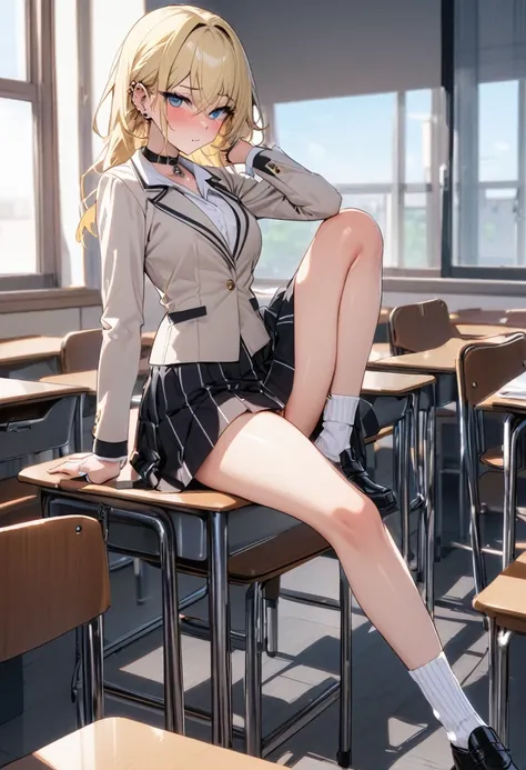 NSFW, White ribbed ankle socks. ear piercing, Build something amazing, Black choker, ring. Blonde、　Cheeky young lady high school girl. blazer.Because of my insolent attitude, I incurred the wrath of my teacher, so I was punished and trained to not behave i...