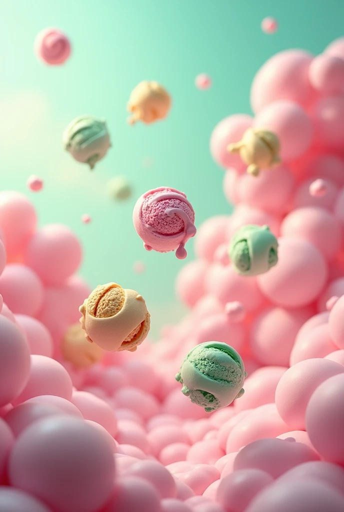 Background with ice cream in the air and the background in green and pink colors 

