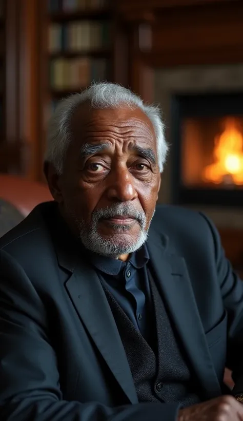 "A close-up of a distinguished Black man with facial features that convey wisdom and experience, reminiscent of a seasoned elder. He is looking directly toward the center of the image, wearing a tailored dark suit. His expression is calm and reflective, wi...