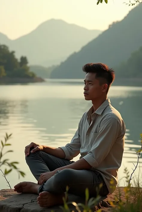 (Photorealism:1:3), Indonesian man sitting on the lake, wearing a shirt, skinny pants, short spiky hair outdoors, soft lighting, mountains in the background, comfortable, relaxed pose, realistic, intricate details, warm colors, by Greg Rutkowski, by Alphon...