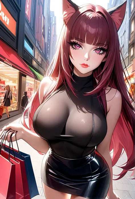 1girl, shopping, shopping bags, mini skirt, fake boobs (SHARP detail perfect face), (cat ears), (cat girl),maroon red hair,(shiny peach lipstick) (pink eyes), long hair, medium breasts, long eyelashes, mature, (smirk, closed lips, big plump lips, eyeshadow...