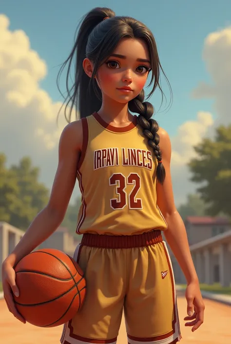 realistic  latina girl, her hair is in a half ponytail, He wears a basketball uniform in brown and beige colors., The shirt says the name of the Irpavi Linces team, holds a ball, It is in the American plane 

