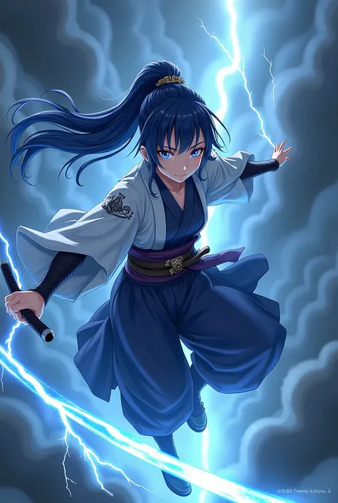 Hair Color: Aoi’s hair is a deep navy blue, streaked with lighter shades of silver at the tips, giving the appearance of storm clouds tinged with lightning. Her hair is long and often kept in a high ponytail, allowing it to flow freely during combat, mimic...