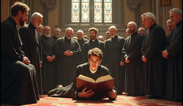 Young priest lying down with Bible in hand speaking to other priests, inside the church