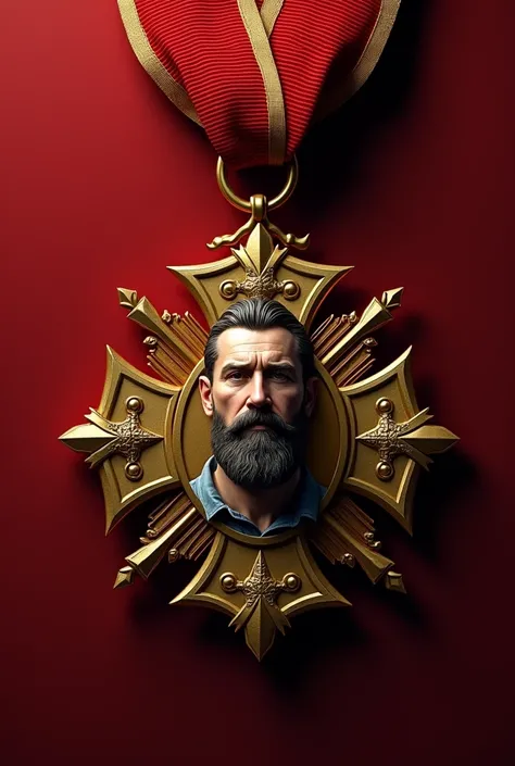 Make a military medal with the Maltese cross in gold and red and a little black., In the center of the Maltese cross a bearded soldier and his loop or hanger should be red 