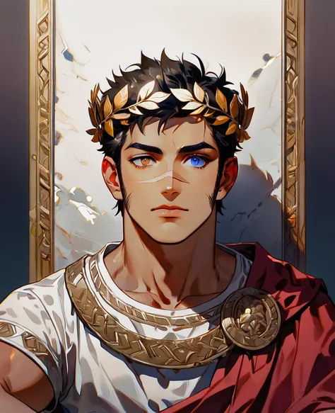 1 Young man, muscle shirt, with a scar on his face, left eye brown, blue right eye, Heterochromia, trapezoidal head, aquiline nose, sunken chin, with long sideburns, short hair castaño con degradación blanco hacia arriba, short hair, golden laurel wreath c...