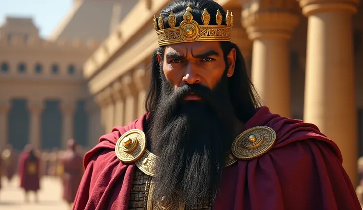 Nabucodonosor, long beard, face close to the camera, Purple robe, red cloak, Babylonian king&#39;s crown. Hanging Gardens of Babylon in the background. 