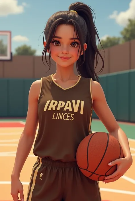 realistic  latina girl, her hair is in a half ponytail, He wears a basketball uniform in brown and beige colors., The shirt says the name of the Irpavi Linces team, holds a ball, It&#39;s in the American plane. It looks happy.
