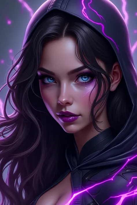 1 girl long dark brown hair with purple highlights, blue eyes, super heroine, His suit has purple details with a hood and electric flashes, that her left eye is covered by her hair with a scar on her left eye, cold look and purple lips.
