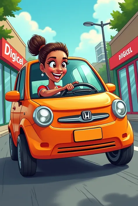 Lady driving off her Honda car from Digicel store…. Make it a cartoon