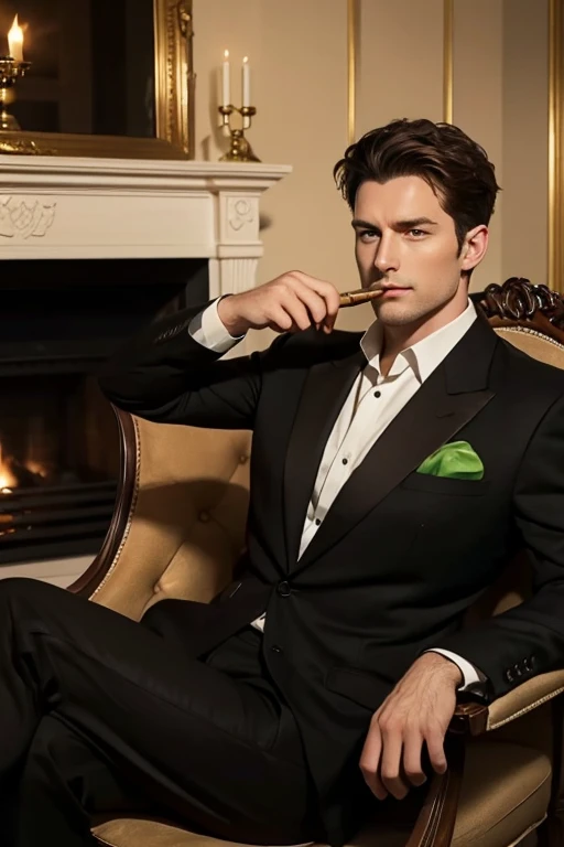 a strong man in a black suit. Hes white, with brown hair and green eyes. Hes sitting in an armchair with one leg over the other, drinking whisky and with a cigar by his side. Behind him is a fireplace