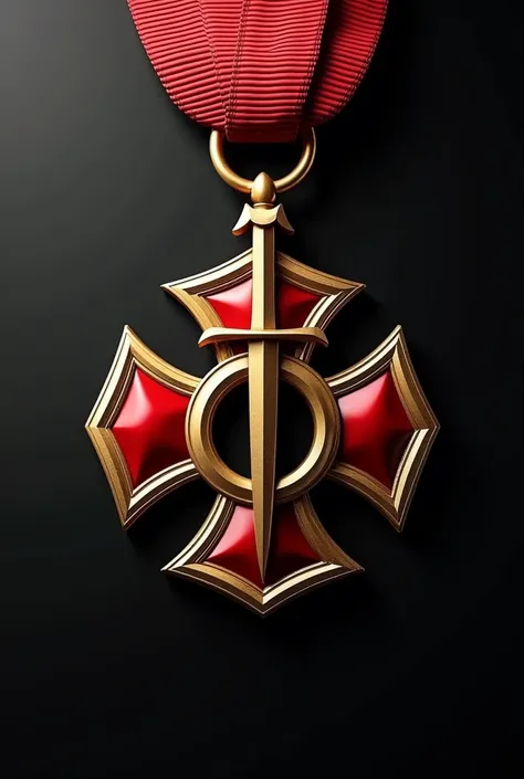 Make a military medal with the Maltese cross in gold and red and a little black., In the center of the Maltese cross a sabre and its loop or hanger should be red 