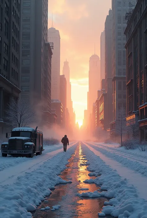 Deserted city in winter. With the sun in the background.