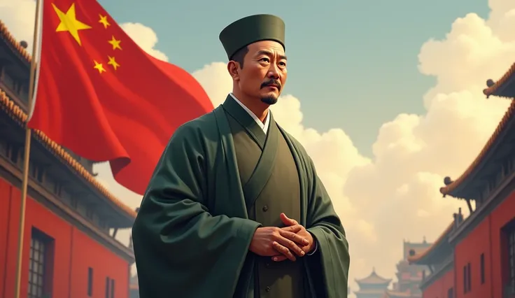 Create an image of Sun Yat-sen, the father of modern China. Show him in a traditional costume, with an inspiring and determined look, posing in an environment reminiscent of the early 20th century. In the background, include symbols of change and moderniza...