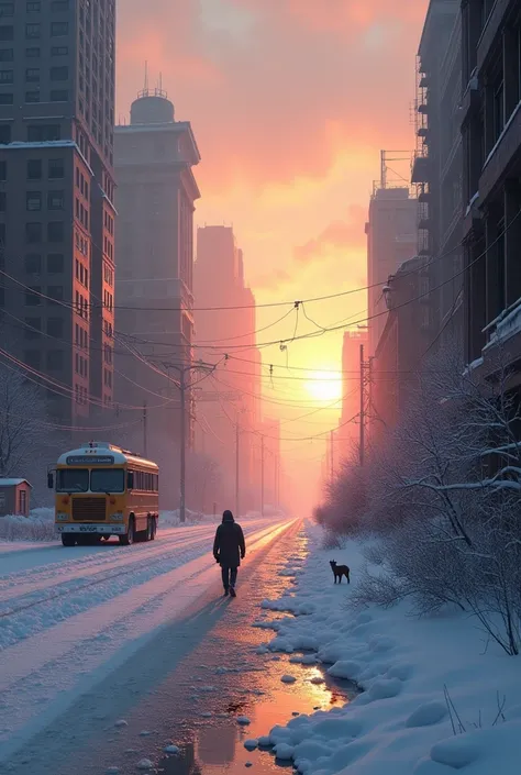 Deserted city in winter. With the sun in the background.