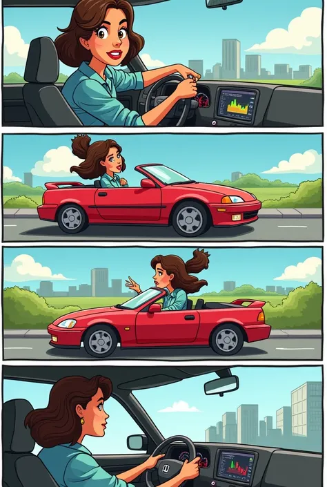 Make a 4 image cartoon where a lady quite her job working at Digicel then driving off in her Honda car and start doing trading forex and also working for government in the 4th picture 