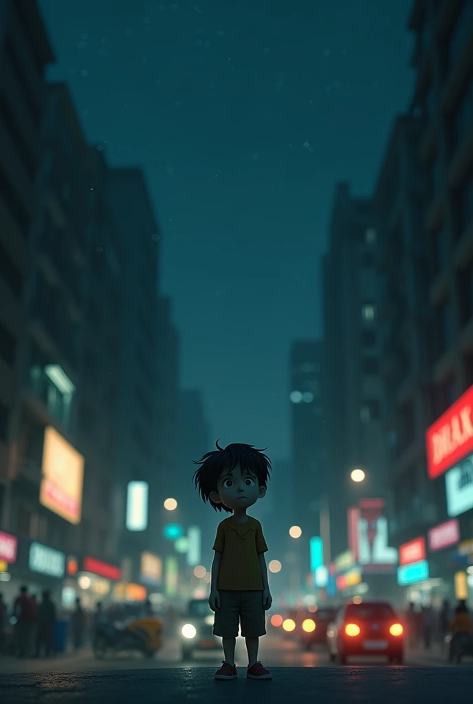 a depressed 2 longly animation guy in crowded Dhaka City Bangladesh at night who is missing his mom &  watching the sky in traffic & his face is blur
