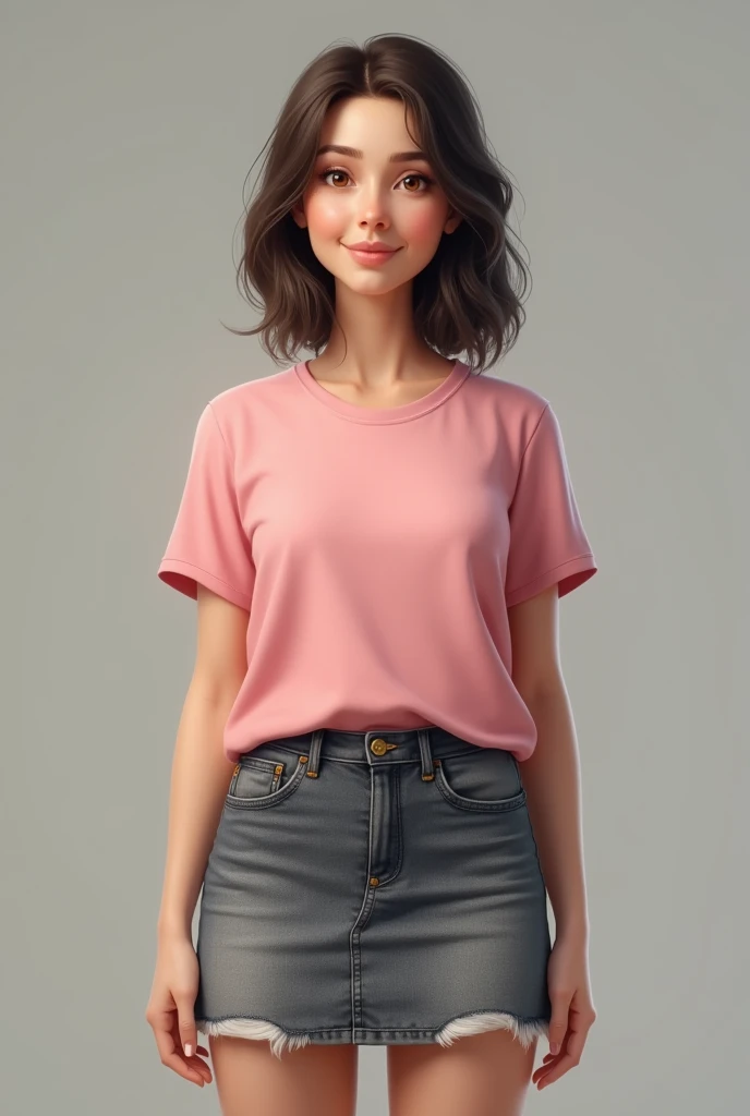 Brunette English female 47, average looks, chubby, short grey denim skirt, pink t shirt 