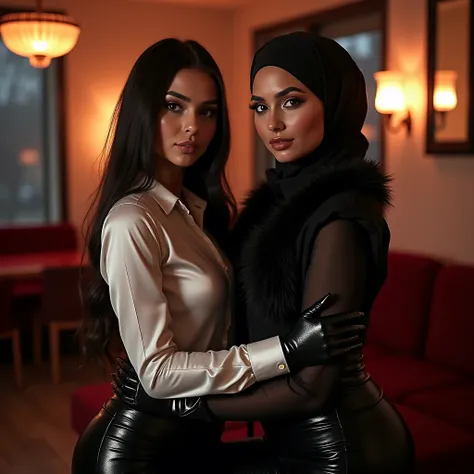 aroused thin skinny petite ukrainian woman is lewd naughty with a slutty lesbian in a fetish lesbian pride group lounge and wears a glossy latex eros very figure-hugging outfit for wild passionated sex and tight-fitting long satin hijab and satin tight clo...