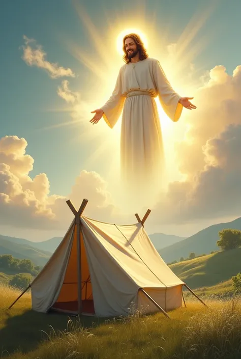 Jesus in heaven smiling and a tent in a landscape