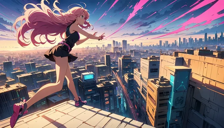 (masterpiece, highest quality:1.2), (Anime artwork, Anime Style, Studio Anime, Very detailed, up to date, Vibrant, Anime Coloring, High Contrast, masterpiece:1.2, Best Quality, Best aesthetics), ((View from the roof of the building:1.2, a woman, stands on ...