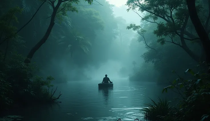 A dark river winding through the jungle, with mist rising from the water and a boat with a lone figure adrift. In the forest you see carnivorous animals coming out , a dangerous jungle, that it looks more coitic because it is for a lively game , tigers, Sp...