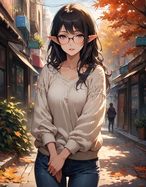 detailed textures, high quality, high resolution, high accuracy, Realism, color correction, correct lighting settings, harmonious composition. ((Best quality)), ((masterpiece)), (detailed), 1 girl, sexual, elf, black hair, long hair, straight hair, pointed...