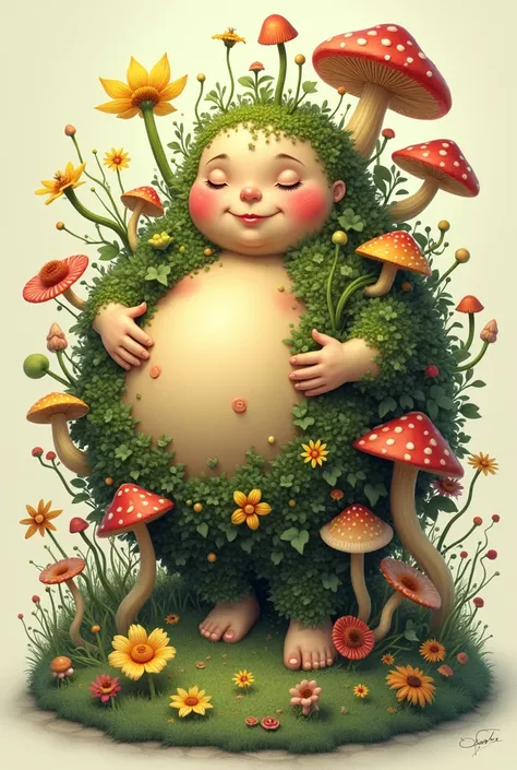 An illustration of a big boy with plants and little mushrooms coming out of his body with warm colors 