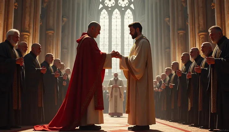 young priest being blessed by a bishop inside a church full of old priests