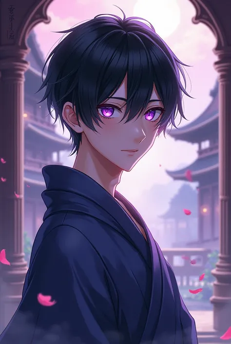 Young male monk with purple eyes,black hair anime