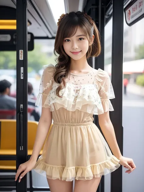 The whole body is visible, (Early autumn date), ((A very sweet and cute sheer girly fashion style outfit decorated with frills.:1.2)),
View the viewers, Japanese female university student, (One Woman:1.2), She is very beautiful, Glowing Skin, Perfect Face,...