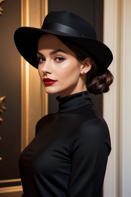 a woman with brown hair tied up and wearing a black hat, she is wearing red lipstick. She is wearing an elegant black dress with long sleeves. She is standing