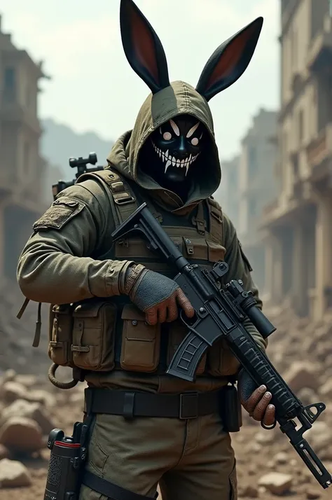 Military video game character with bad bunny mask with war background 
